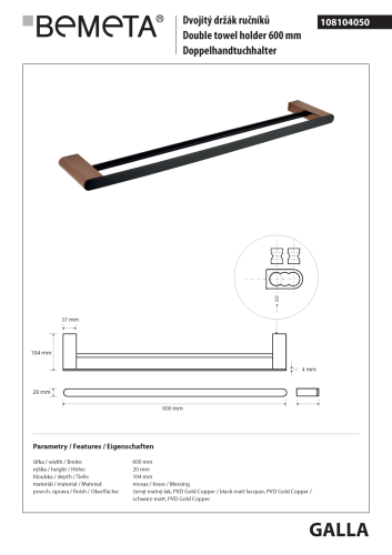 Wieszak podwójny na ręcznik 60 cm GALLA 108104050 Bemeta wymiary