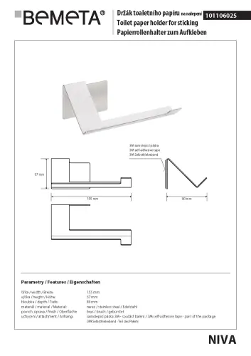 Wieszak na papier toaletowy NIVA 101106025 Bemeta wymiary