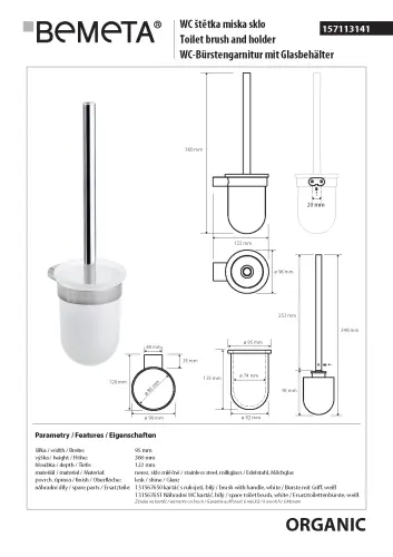 Szczotka WC wisząca (szczotka biała) ORGANIC 157113141 Bemeta wymiary