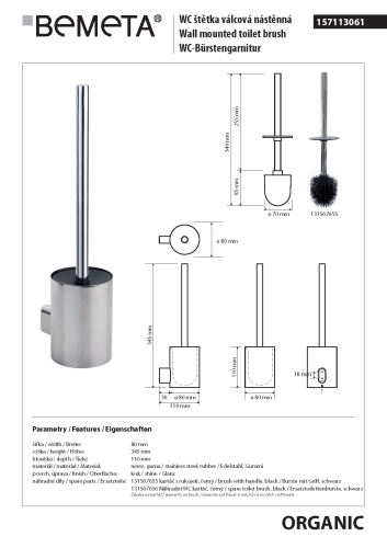 Szczotka WC wisząca (szczotka czarna) ORGANIC 157113061 Bemeta wymiary