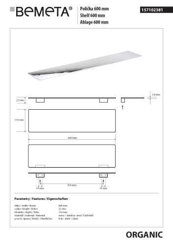 Półka metalowa 60 cm ORGANIC 157102381 Bemeta wymiary