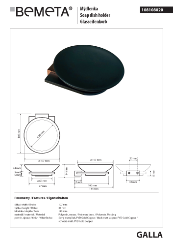 Mydelniczka wisząca miedz i czarny GALLA 108108020 Bemeta wymiary