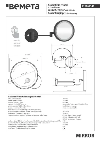 Lusterko kosmetyczne czarne z podświetleniem LED fi 160 mm DARK 112101140 Bemeta wymiary
