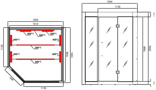 3-4 osobowa sauna na podczerwień KIRUNA 160 x 114,1 x 64,8 x 114,1 x 160 x 210 cm K50160 Sanotechnik Rysunek techniczny i wymiary