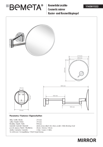 Lusterko kosmetyczne naścienne fi 203 mm 116301522 Bemeta wymiary