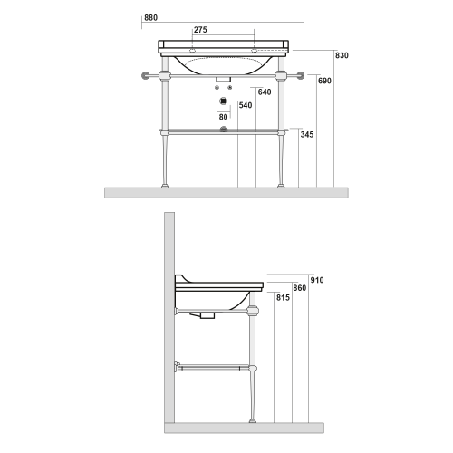 Podpora umywalki 80 cm z półką szklaną WALDORF chrom 9197K1 Kerasan  rysunek techniczny