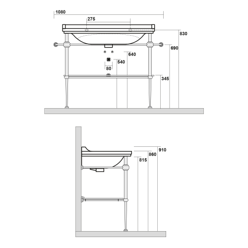 Podpora umywalki 100 cm z półką szklaną WALDORF chrom 9196K1 Kerasan rysunek techniczny