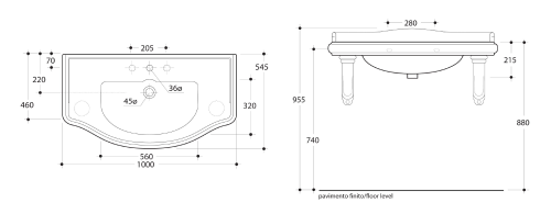 Podpora umywalki RETRO 1 sztuka czarna matowa 107931 Kerasan  rysunek techniczny