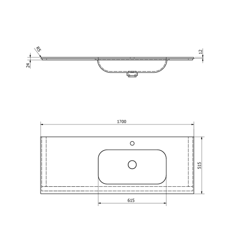 Umywalka kompozytowa Rockstone 170 x 51,5 cm prawa ARUBA biała matowa AR170-B1R Sapho  rysunek techniczny