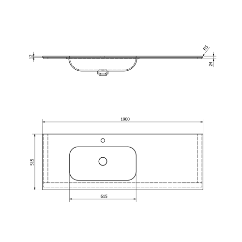 Umywalka kompozytowa Rockstone 190 x 51,5 cm lewa ARUBA biała matowa AR190-B1L Sapho rysunek techniczny