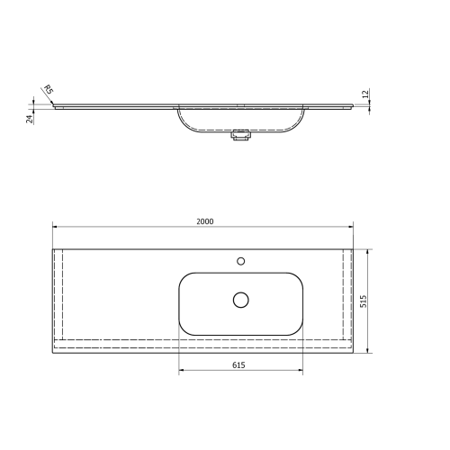 Umywalka kompozytowa Rockstone 200 x 51,5 cm prawa ARUBA biała matowa AR200-B1R Sapho rysunek techniczny