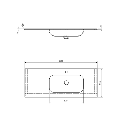 Umywalka kompozytowa Rockstone 150 x 51,5 cm prawa ARUBA biała matowa AR150-B1R Sapho rysunek techniczny