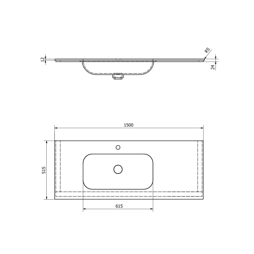Umywalka kompozytowa Rockstone 150 x 51,5 cm lewa ARUBA biała matowa AR150-B1L Sapho rysunek techniczny