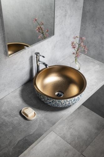 Umywalka nablatowa ceramiczna okrągła fi 41 cm PRIORI miedź niebieski z wzorem PI037 Sapho wizualizacja