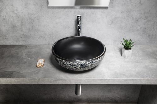 Umywalka nablatowa ceramiczna okrągła fi 41 cm PRIORI czarna z niebieskim wzorem PI034 Sapho wizualizacja