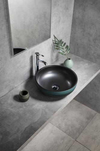 Umywalka nablatowa ceramiczna okrągła fi 41 cm PRIORI czarny zielony PI039 Sapho aranżacja