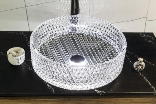 Grawerowana umywalka nablatowa szklana fi 39,5 cm MARAGUA przezroczysta TY214CL Sapho wizualizacja