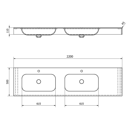 Umywalka podwójna lewa 220 x 50 cm EMICO wersja L Rockstone biała matowa EM220-B2L-L Sapho rysunek techniczny