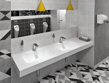 Umywalka podwójna lewa 240 x 50 cm EMICO wersja L Rockstone biała matowa EM240-B2L-L Sapho aranżacja