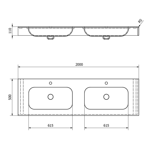 Umywalka podwójna 200 x 50 cm EMICO wersja L Rockstone biała matowa EM200-B2M-L Sapho rysunek techniczny