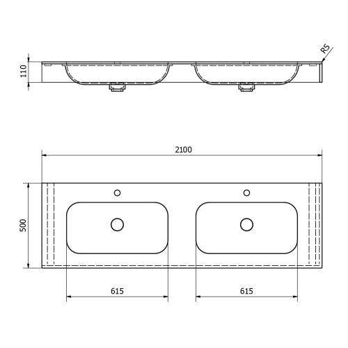 Umywalka podwójna 210 x 50 cm EMICO wersja L Rockstone biała matowa EM210-B2M-L Sapho rysunek techniczny