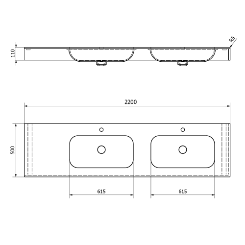 Umywalka podwójna prawa 220 x 50 cm EMICO wersja L Rockstone biała matowa EM220-B2R-L Sapho rysunek techniczny