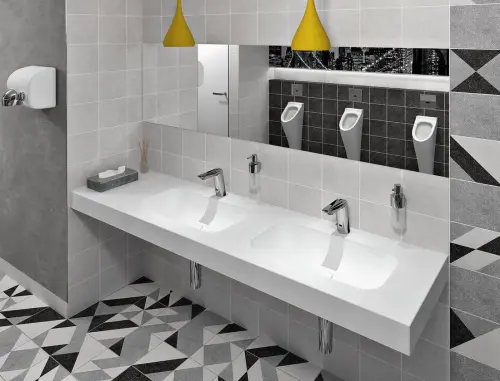 Umywalka podwójna prawa 250 x 50 cm EMICO wersja L Rockstone biała matowa EM250-B2R-L Sapho aranżacja