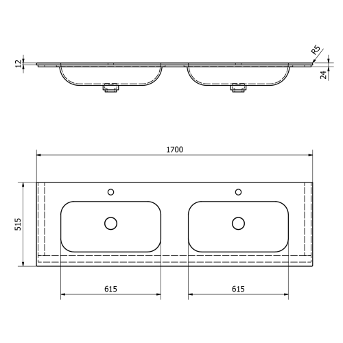 Umywalka podwójna 170 x 51,5 cm ARUBA Rockstone biała matowa AR170-B2M Sapho rysunek techniczny
