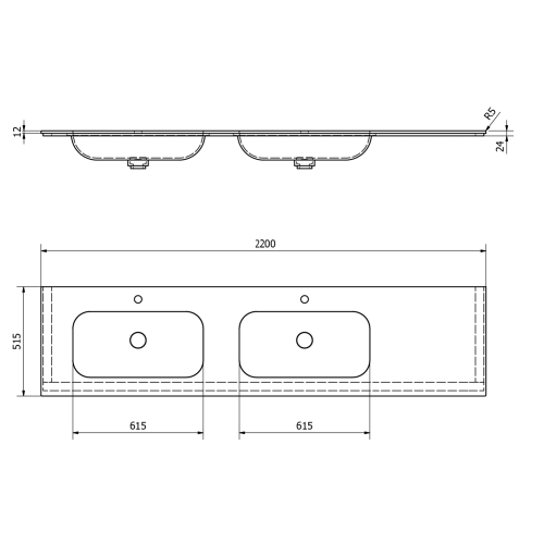 Umywalka podwójna lewa 220 x 51,5 cm ARUBA Rockstone biała matowa AR220-B2L Sapho rysunek techniczny