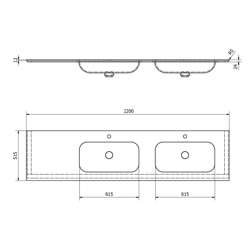 Umywalka podwójna prawa 220 x 51,5 cm ARUBA Rockstone biała matowa AR220-B2R Sapho  rysunek techniczny