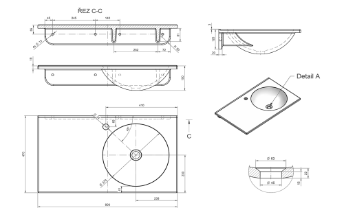 Umywalka kompozytowa zawieszana 80 x 15 x 47 cm JUNO biała prawa JU081 Sapho rysunek techniczny