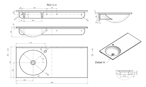 Umywalka kompozytowa zawieszana 100 x 15 x 47 cm JUNO biała lewa JU101 Sapho rysunek techniczny