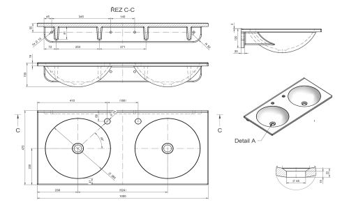 Umywalka kompozytowa zawieszana 100 x 15 x 47 cm JUNO biała JU100 Sapho rysunek techniczny
