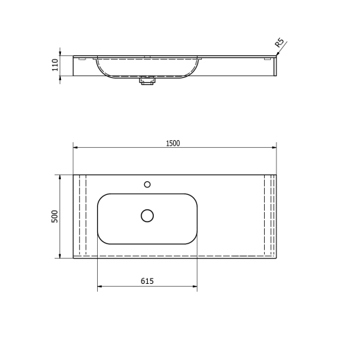 Umywalka zawieszana lewa 150 x 50 cm EMICO wersja L Rockstone biała matowa EM150-B1L-L Sapho  rysunek techniczny
