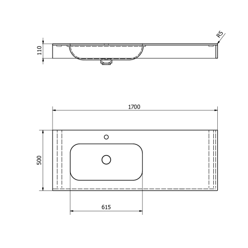 Umywalka zawieszana lewa 170 x 50 cm EMICO wersja L Rockstone biała matowa EM170-B1L-L Sapho rysunek techniczny