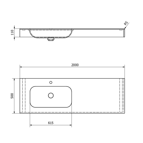 Umywalka zawieszana lewa 200 x 50 cm EMICO wersja L Rockstone biała matowa EM200-B1L-L Sapho rysunek techniczny