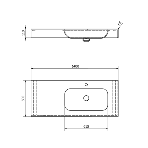 Umywalka zawieszana prawa 140 x 50 cm EMICO wersja L Rockstone biała matowa EM140-B1R-L Sapho rysunek techniczny