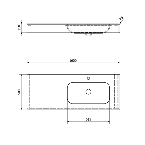 Umywalka zawieszana prawa 160 x 50 cm EMICO wersja L Rockstone biała matowa EM160-B1R-L Sapho rysunek techniczny