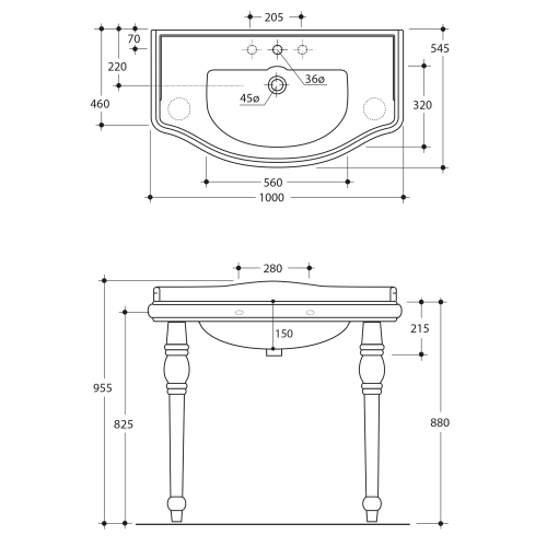 Umywalka ceramiczna zawieszana 100 x 54,5 cm RETRO czarna matowa 105031 Kerasan rysunek techniczny