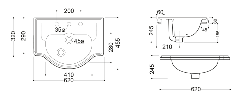 Umywalka wpuszczana w blat 62 x 45,5 cm RETRO czarna matowa 103031 Kerasan rysunek techniczny