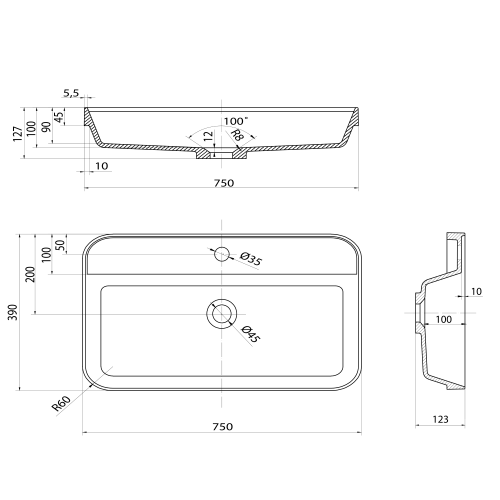 Umywalka pół wpuszczana w blat 75 x 39 cm BRAHEA Rockstone biała matowa BE775 Sapho rysunek techniczny
