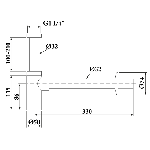 Syfon umywalkowy 5/4"odpływ 32 mm złoty mat SI519 Sapho rysunek techniczny