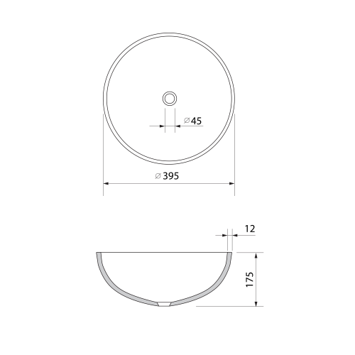 Grawerowana umywalka nablatowa szklana fi 39,5 cm MARAC czarna TY310 Sapho rysunek techniczny