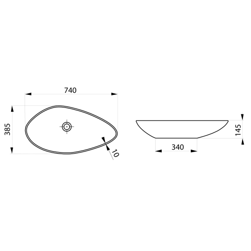 Umywalka nablatowa ceramiczna 74 x 38,5 cm OVALI biała TU0713 ISVEA rysunek techniczny