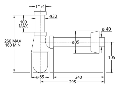 Syfon umywalkowy 1 1/4” THERMOTRAP odpływ 40 mm ABS / chrom 0570EC23K7 Bonomini rysunek techniczny