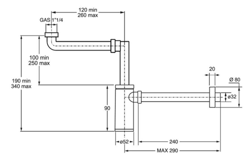 Syfon umywalkowy oszczędzający miejsce 1 1/4” KING 32 mm ABS / chrom 0595SP25K7 Bonomini rysunek techniczny