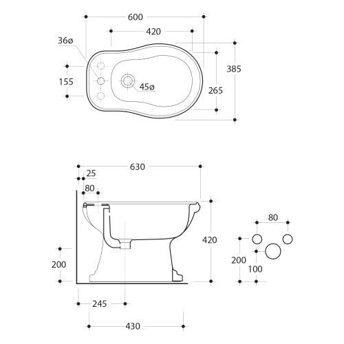 Bidet stojący z otworem na baterię RETRO 38,5 x 60 cm czarny matowy 102031 Kerasan rysunek techniczny