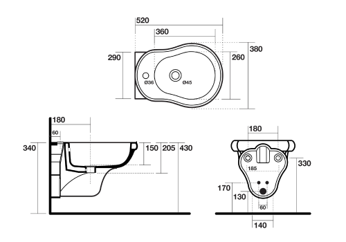 Bidet podwieszany z otworem na baterię RETRO 38 x 52 cm czarny matowy 102631 Kerasan rysunek techniczny