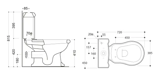 Misa do kompaktu WC RETRO 38,5 x 72 cm odpływ poziomy czarna matowa 101331 Kerasan rysunek techniczny