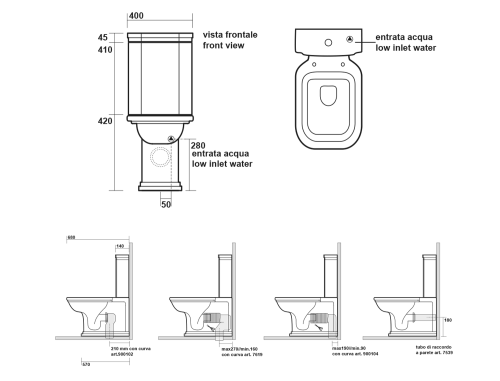 Kompakt WC WALDORF odpływ poziomy / pionowy czarny chrom WCSET25-WALDORF Kerasan rysunek techniczny